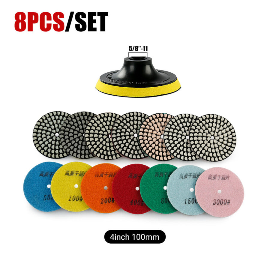 8PCS 4Inch Dry Diamond Pads - 50#-3000# Grit Marble/Quartz Stone Angle Grinder Polishing Disc