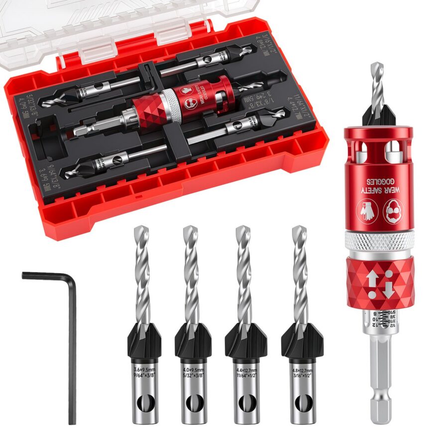 5Pcs Hex-Shaft Woodworking Countersink Drill Bit with Scale, Adjustable High-Hardness Tungsten Carbide Bit for Self-Tapping Screws