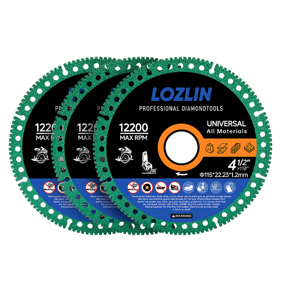 LOZLIN 3Pcs 4-1/2 Inch Diamond Cutting Discs, Mesh Turbo Cut Off Wheels for Porcelain Tile, Granite, Marble & Metal Rebar, Smooth Cutting Tool