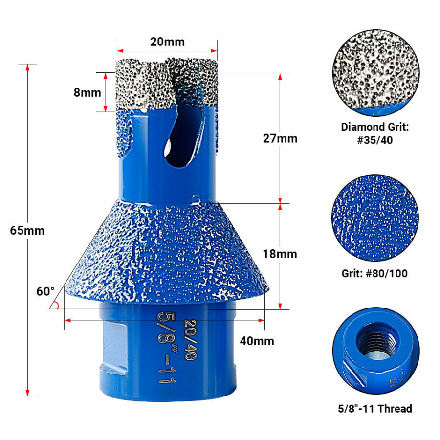 LOZLIN Diamond Chamfer Core Drill Bit 20/25/35mm, 5/8"-11 Thread, Angle Grinder Hole Saw for Tile Marble Quartz Sink Hole Bevelling