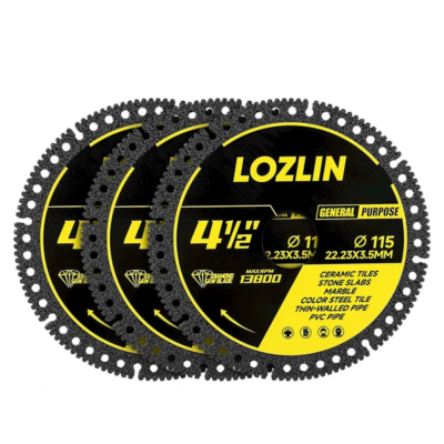 LOZLIN 3Pcs 4.5" 115mm Industrial Diamond Cutting Blade, Multi-Purpose for Steel Roof Sheets, PVC Pipes & Stone