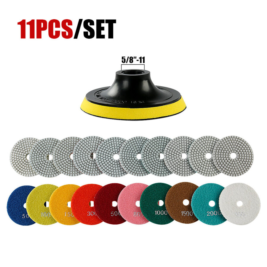 11PCS/set 4" Wet Diamond Polishing Pads Set - #50-#3000 Grit for Granite, Concrete, Marble & Stone, Grinder Backing Pad Kit for Pilish Wet Grinding