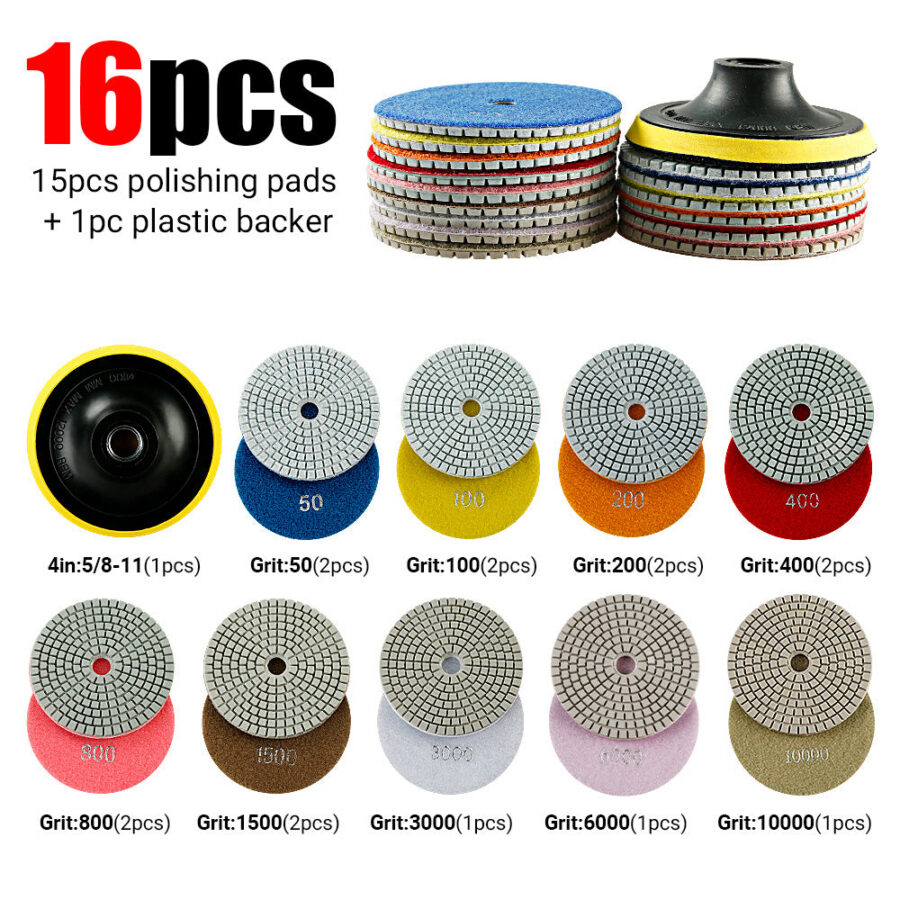 16PC 100mm Diamond Polishing Pad Set, 5/8"-11 M14 M10 Wet Grinding Discs for Granite Marble Concrete Stone, Angle Grinder Accessories