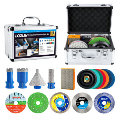 LOZLIN 17Pcs Diamond Tool Kit for Tilers, Drill Bits, Saw Blades & Polishing Pads, Cutting & Grinding Set for Porcelain, Glass, Marble, Quartz & Stone
