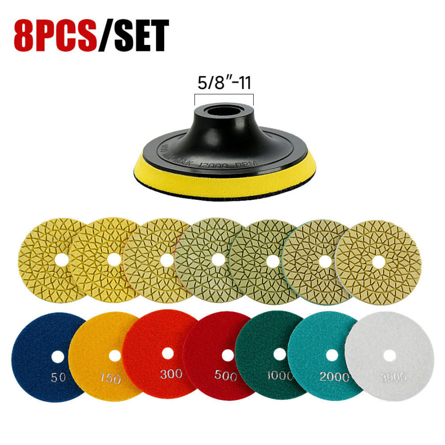 8Pcs 4" Wet Diamond Polishing Pads Kit, 50-3000 Grit, Backing Pad for Granite, Marble, Concrete & Engineered Stone